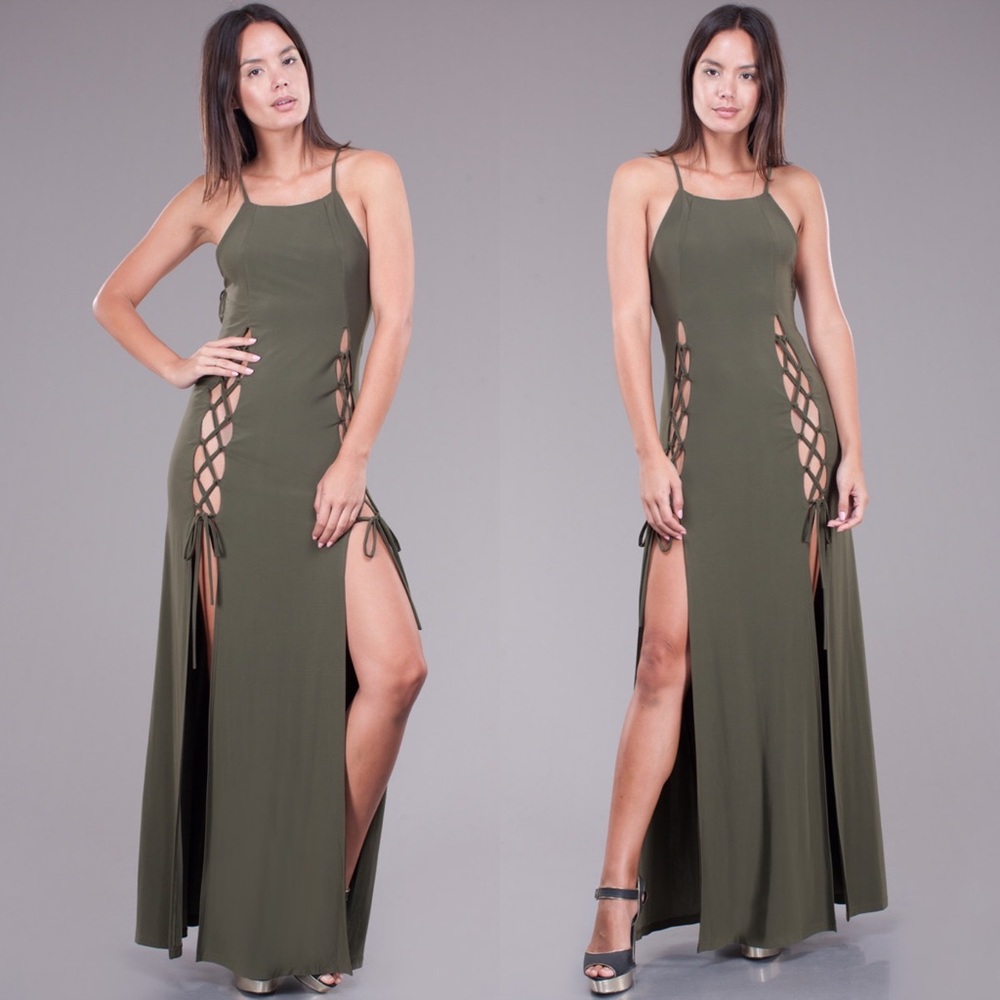 Last 1! Olive Lace Up High Slit Criss Cross Maxi Dress - Picture 2 of 8